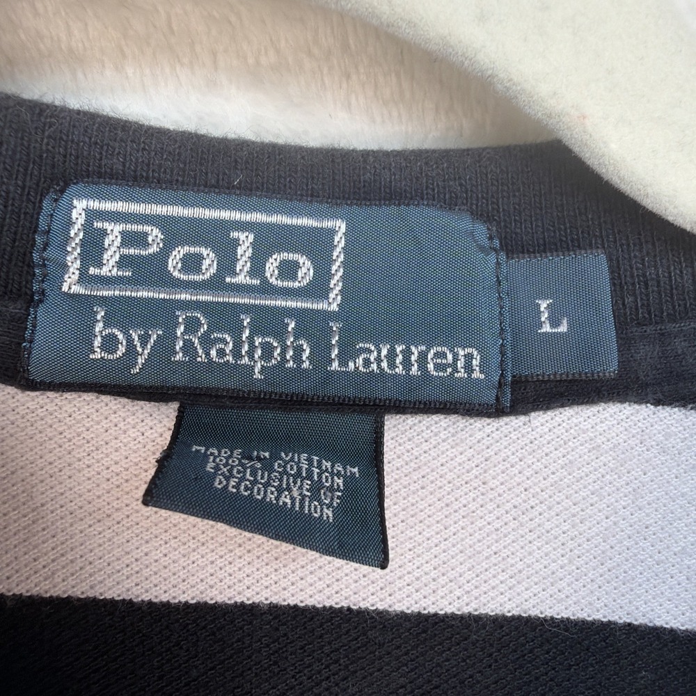 Polo Ralph Lauren Striped Polo Shirt Mens Large Black White Preppy Rugby - Picture 3 of 7